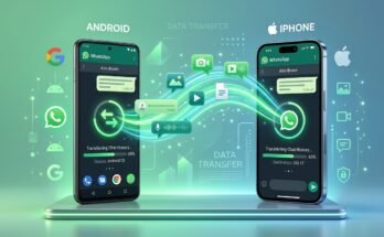 Illustration showing WhatsApp chat transfer between Android and iPhone