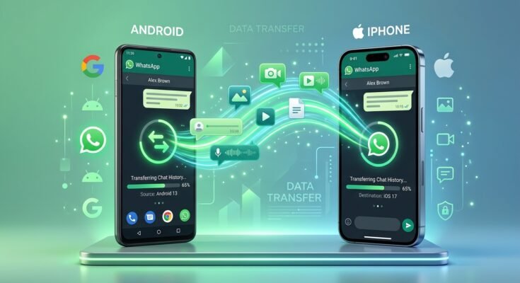 Illustration showing WhatsApp chat transfer between Android and iPhone